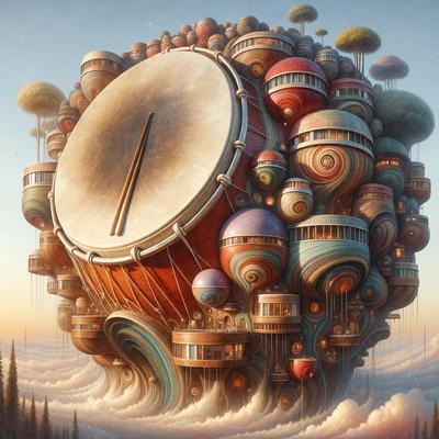 The primary subject of the image is a large, colorful, and whimsical drum. The drum is surrounded by a variety of buildings, towers, and other structures, creating a unique and imaginative scene. The visual style of the image is a combination of digital art and illustration, with a vibrant and lively atmosphere. The dominant colors in the image are shades of pink, blue, and green, which contribute to the overall whimsical and playful mood of the scene.